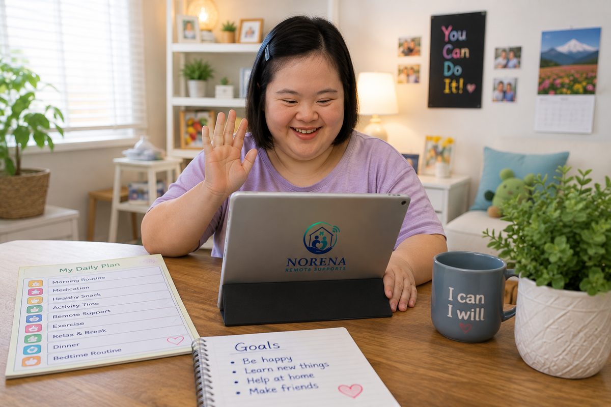 A client following her daily plan and goals while connecting with her Norena remote support specialist