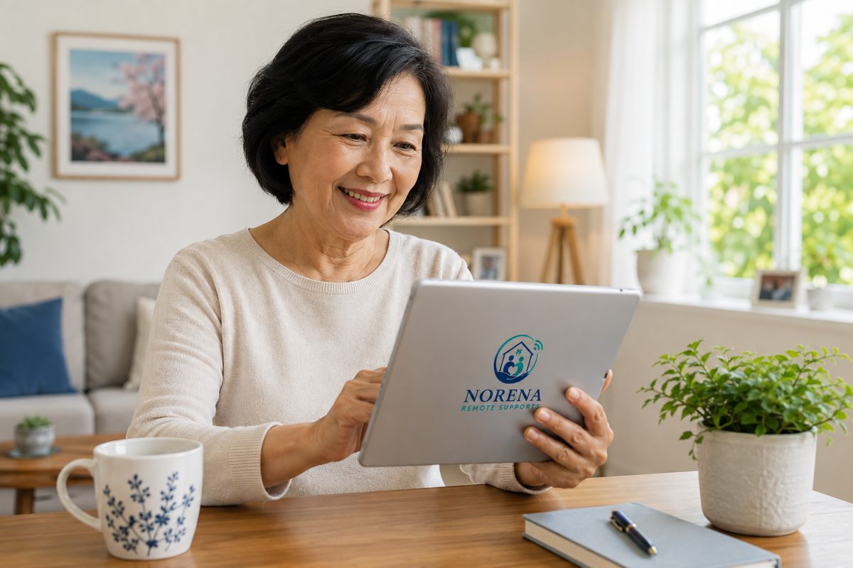 A smiling client connecting with Norena through her tablet