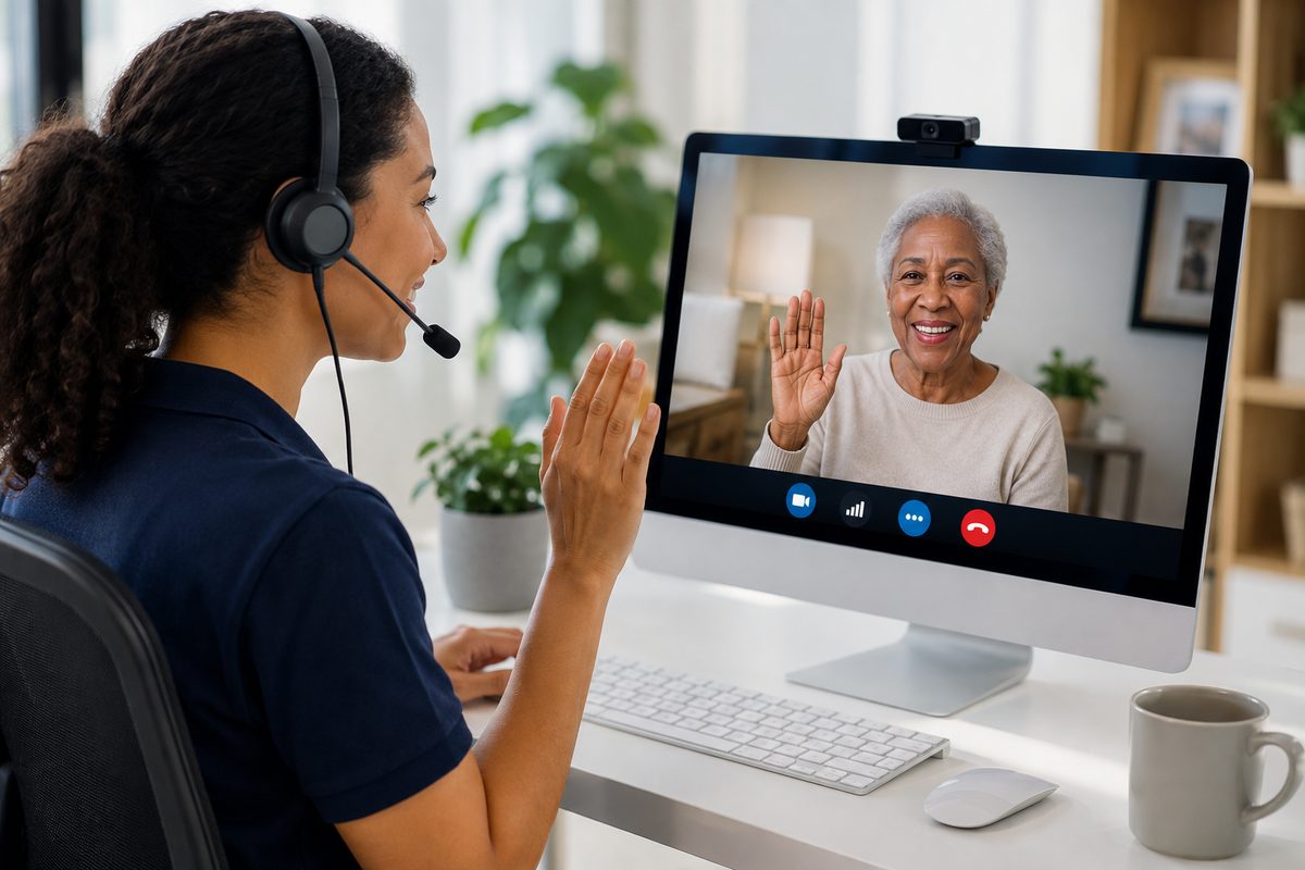 A Norena remote support specialist greeting a client over live video